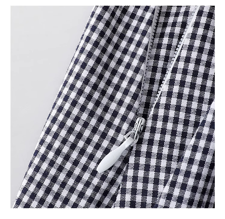 黑白格紋扭結短袖連身裙女夏季新款收腰a字中裙