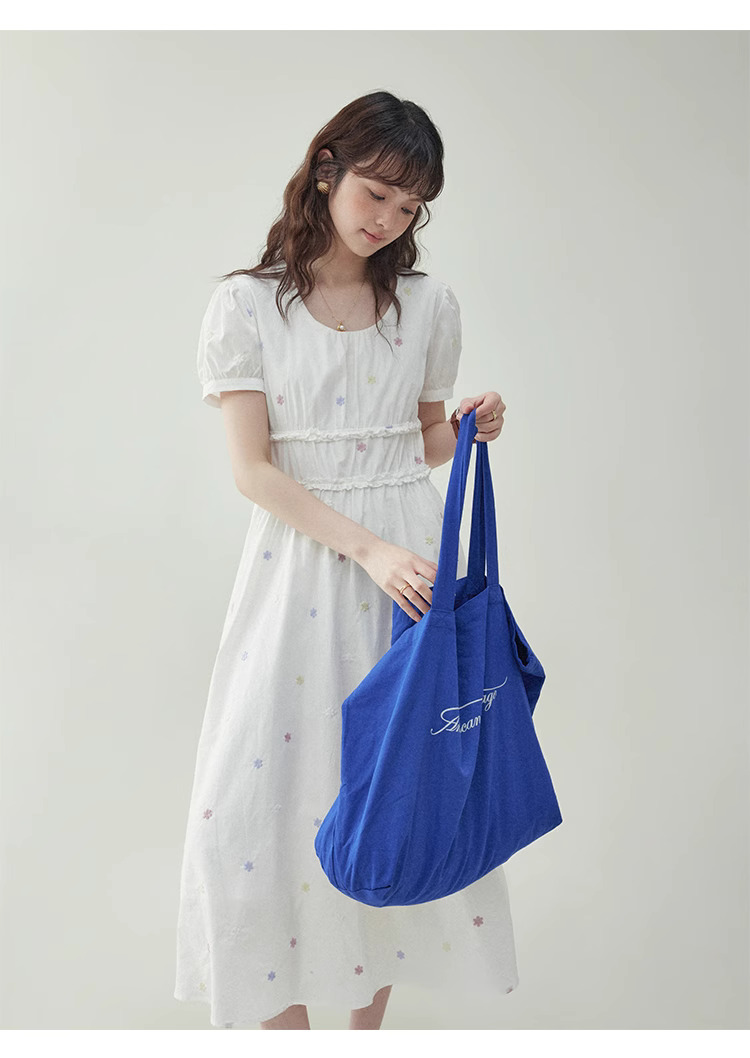 白色花邊純棉碎花洋裝女夏季新款收腰a字中裙