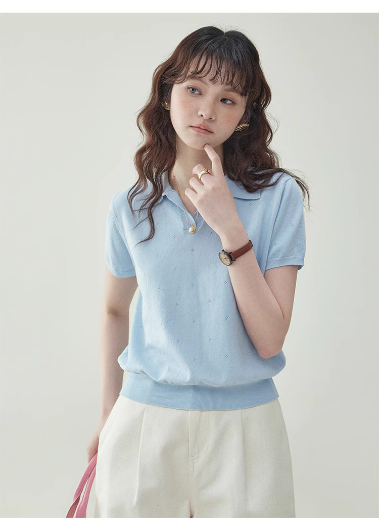 藍色翻v領短針織衫t卹女夏季新款提花短袖上衣