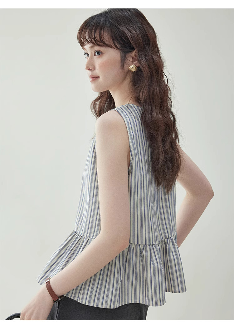 豎條紋無袖純棉娃娃襯衫女夏季新款寬鬆背心上衣
