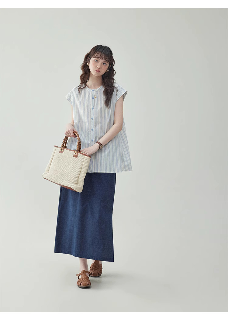 藍色豎紋飛飛袖純棉襯衫女夏季新款寬鬆紐扣上衣