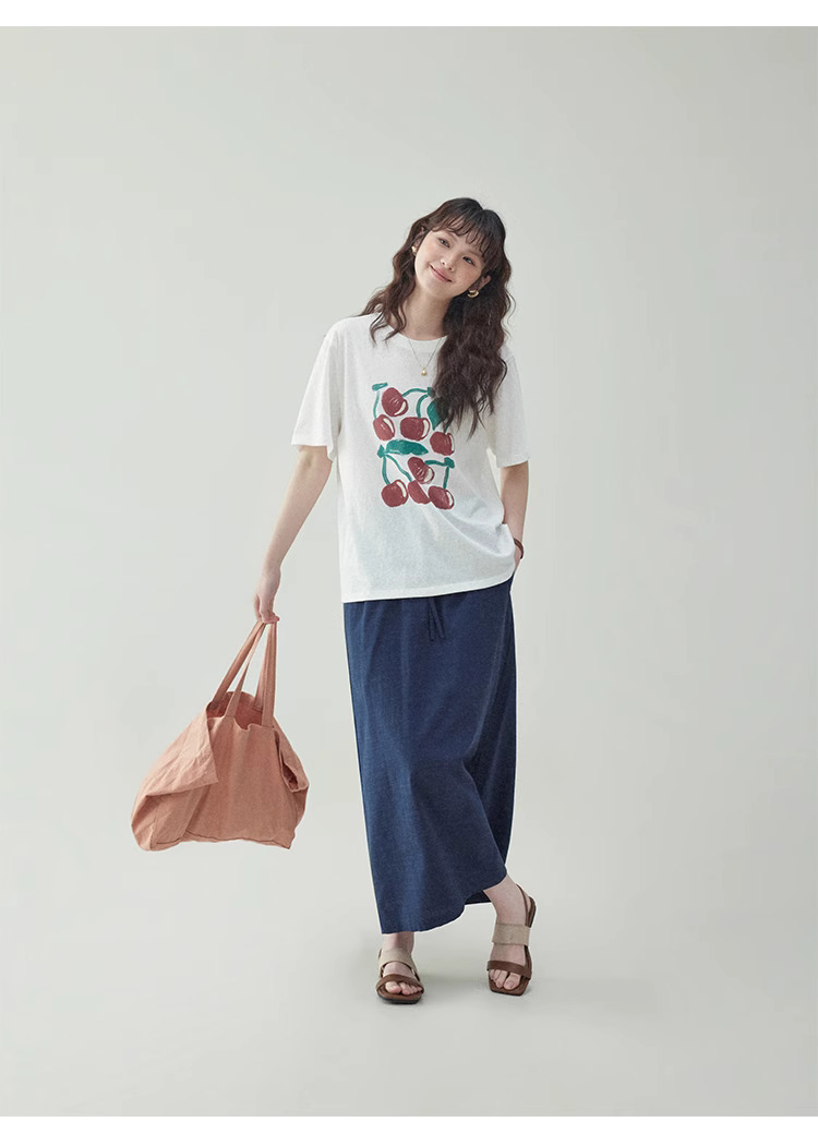 拼色櫻桃印花純棉短袖t卹女夏新款寬鬆百搭上衣