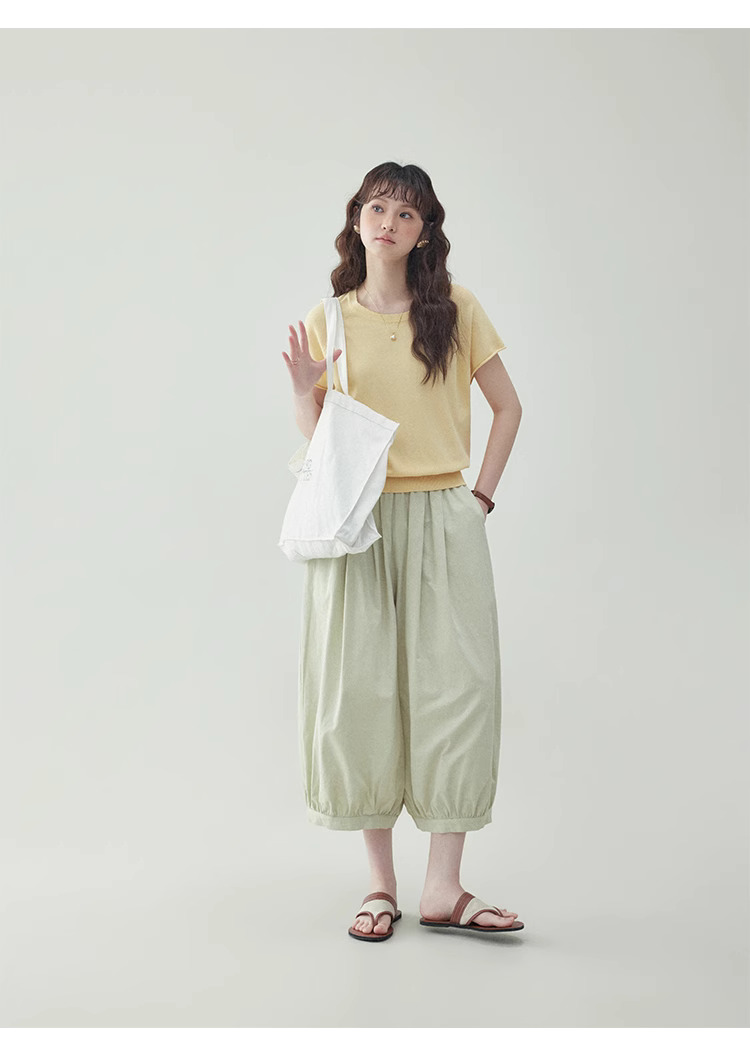 鵝黃色收腰捲邊針織衫女夏季新款插肩袖寬鬆上衣