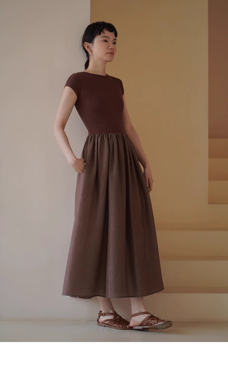 顯白特調赭紅彈性針織拼接大裙擺合身顯瘦梨形洋裝女