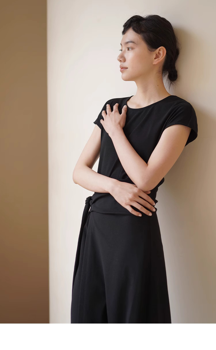 設計師通勤中彈性針織顯瘦圍裹式收腰綁帶圓領洋裝女