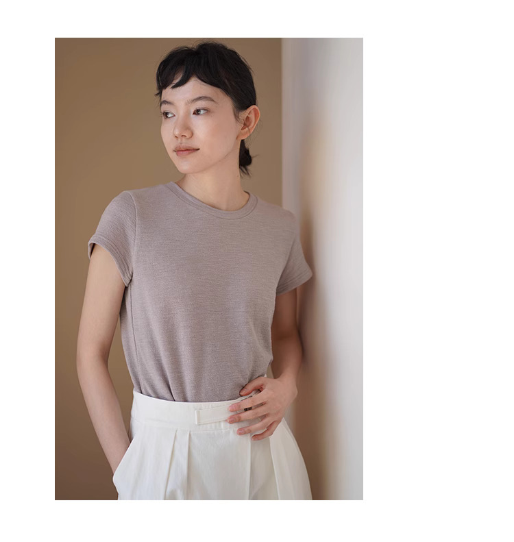 粉末交織肌理感特殊工藝圓領正肩短袖T恤顯白棉感上衣女