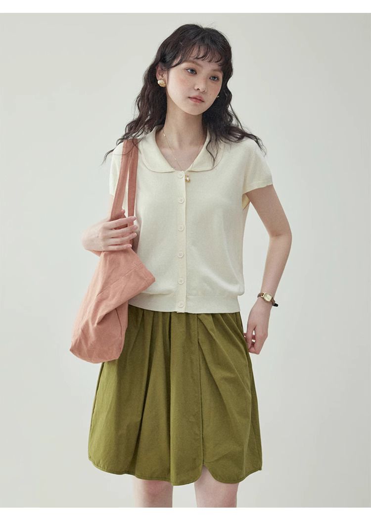 溫柔紫色娃娃v領針織衫女夏季新款短袖扣上衣