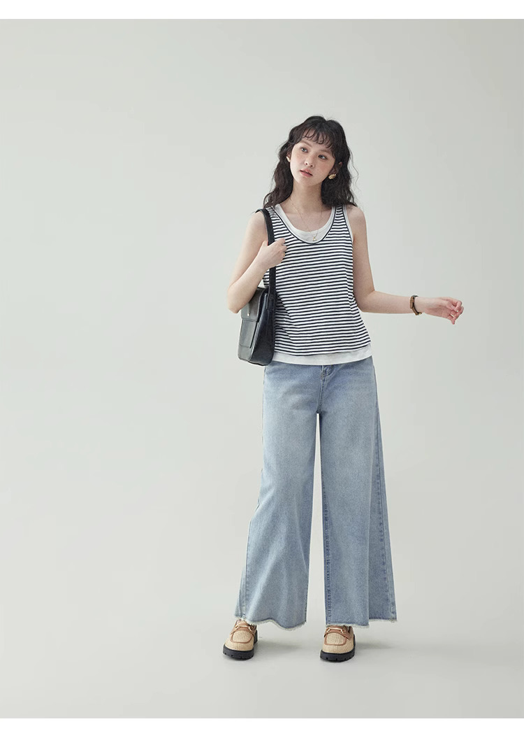 假兩件條紋無袖純棉T恤女夏季新款清涼背心上衣