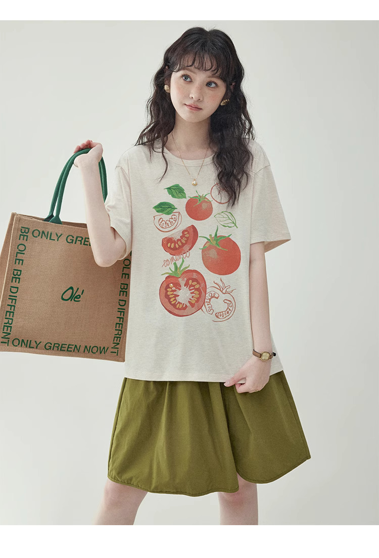 番茄印花圓領純棉短袖T恤女夏季新款少女感上衣