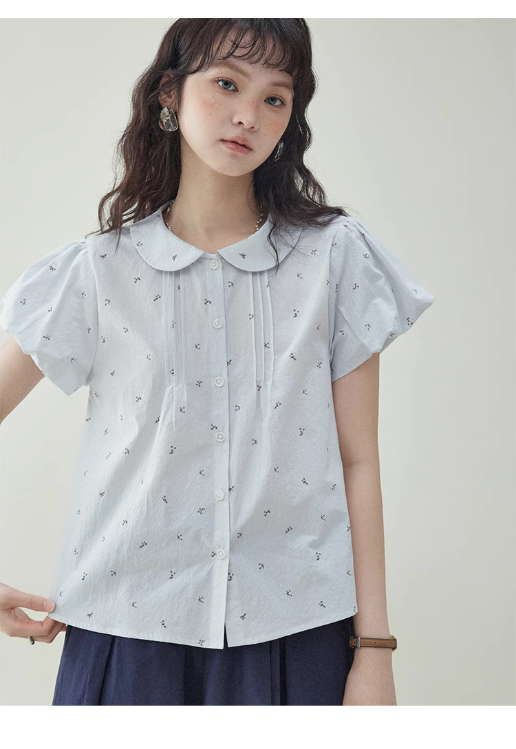 甜美泡泡袖純棉小花襯衫女夏季娃娃領單排扣上衣