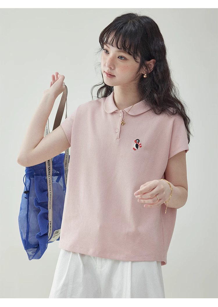 粉紅娃娃領企鵝刺繡T恤女夏季新款減齡短袖上衣