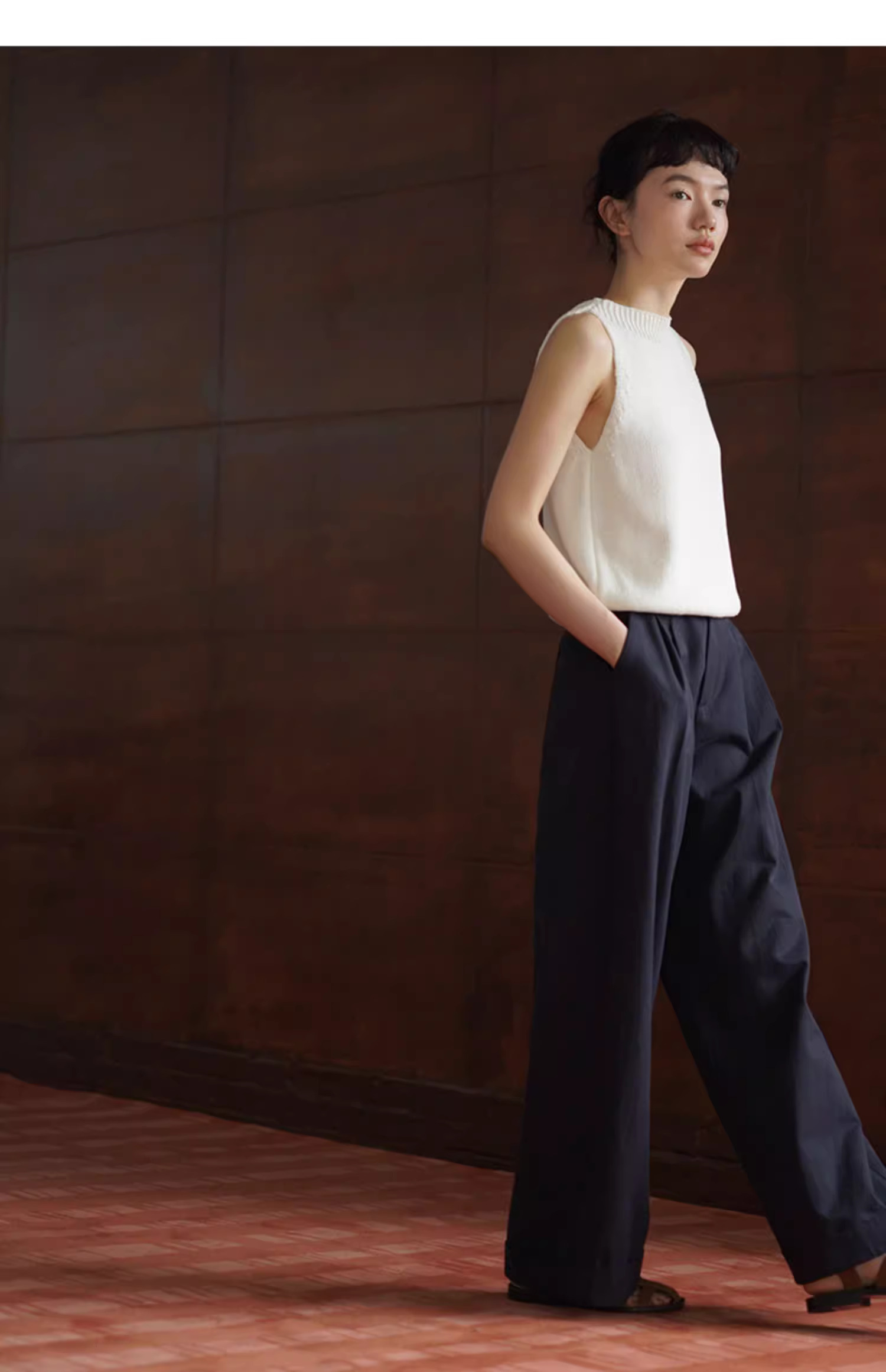 筆筆直修腿長褲萊賽爾棉挺括寬鬆高腰折邊休閒闊腿褲女