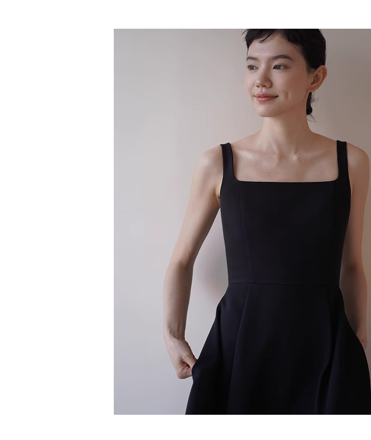 優雅赫本風小黑裙高腰分割拼接氣質方領背心A字洋裝女