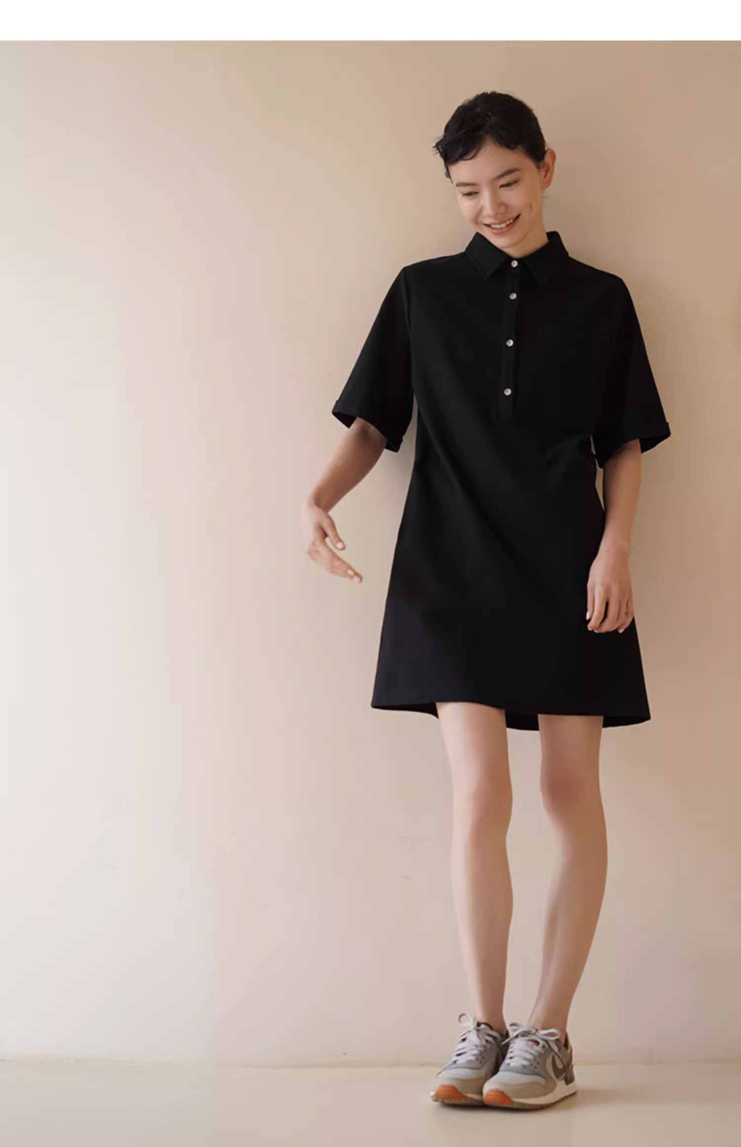 經典復古美式學院Polo領針織短款顯瘦休閒直筒洋裝女