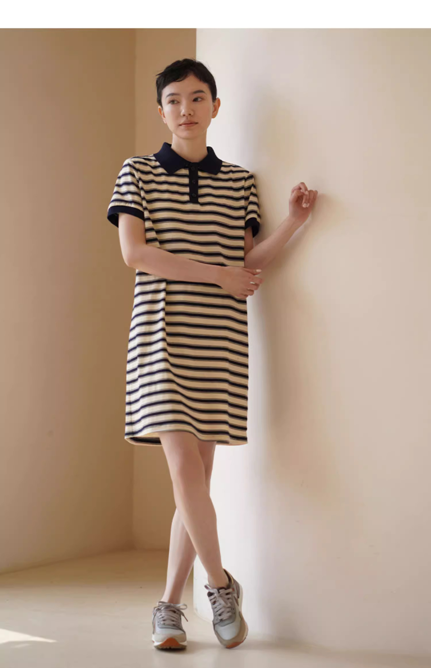 美式條紋日洋裝24支雙紗平紋棉混紡顯瘦撞色Polo裙女
