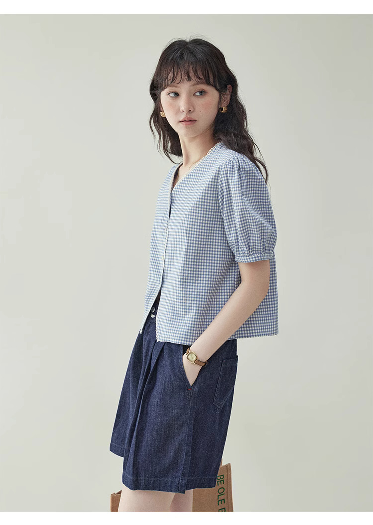 藍格泡泡袖短版純棉襯衫女夏季新款甜美寬鬆上衣