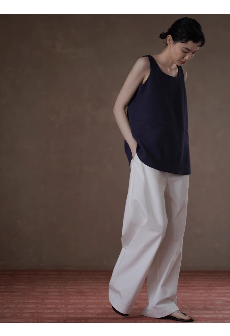 涼感百搭夏日棉萊賽爾混紡斜紋挺括抗皺寬鬆顯瘦長褲女