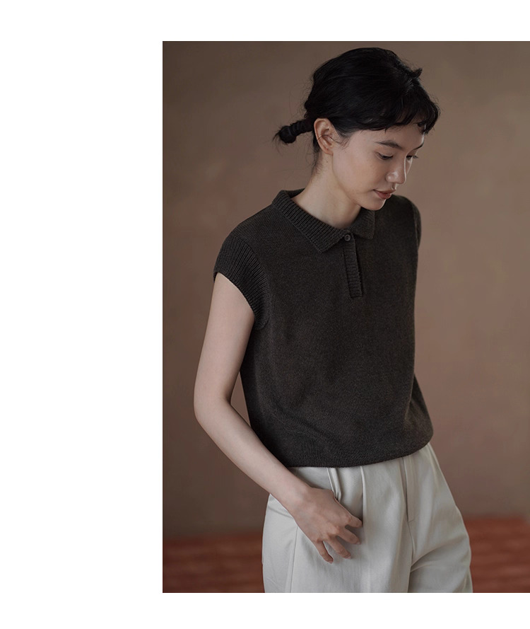 苔痕雨季透氣輕薄亞麻棉紗線Polo領針織顯瘦短袖上衣女