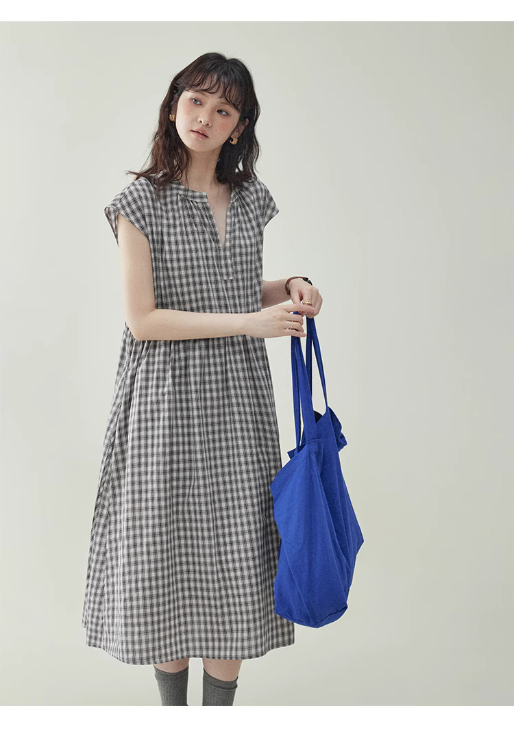 黑格抽繩v領純棉洋裝女夏季新款a字短袖中長裙