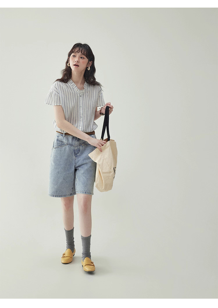 清爽豎紋花邊領短袖襯衫女夏季新款純棉寬鬆上衣