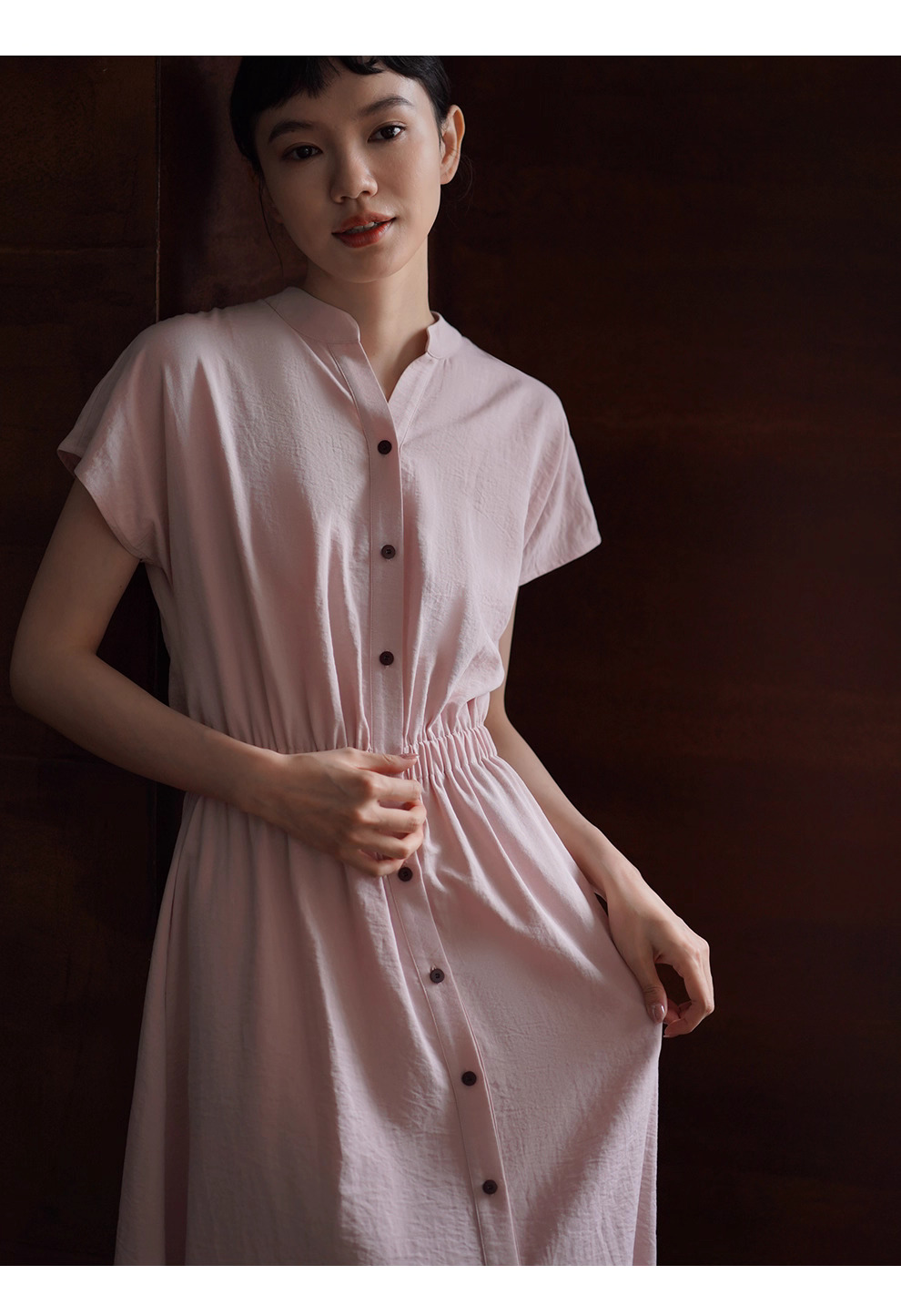 冰透粉晶洋裝寬鬆收腰短袖長撞色釦子立領襯衫裙子