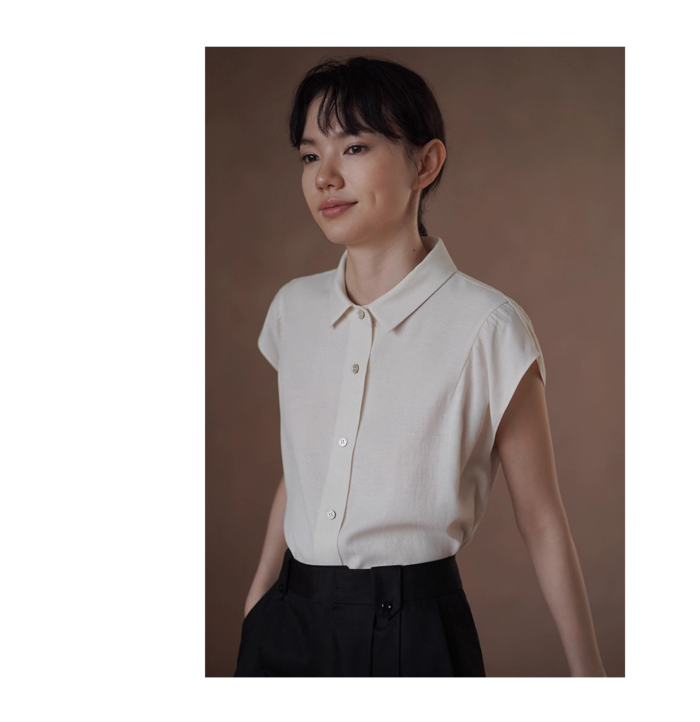 通勤選手柔軟亞麻混紡清爽透氣小巧版型飛袖顯瘦襯衫女