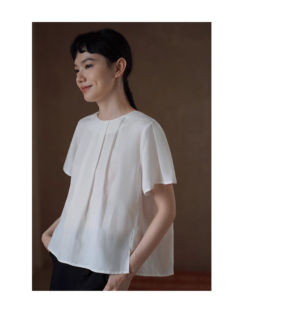 清香白檸檬上衣壓褶圓領A字顯瘦萊賽爾亞麻透氣通勤襯衫
