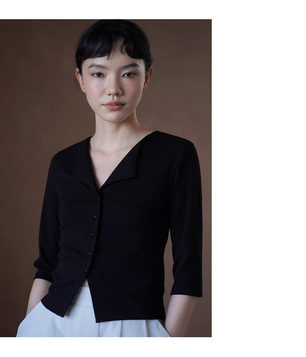 品質通勤雙面織布V領氣質上衣遮肉中袖合身彈性顯瘦T恤