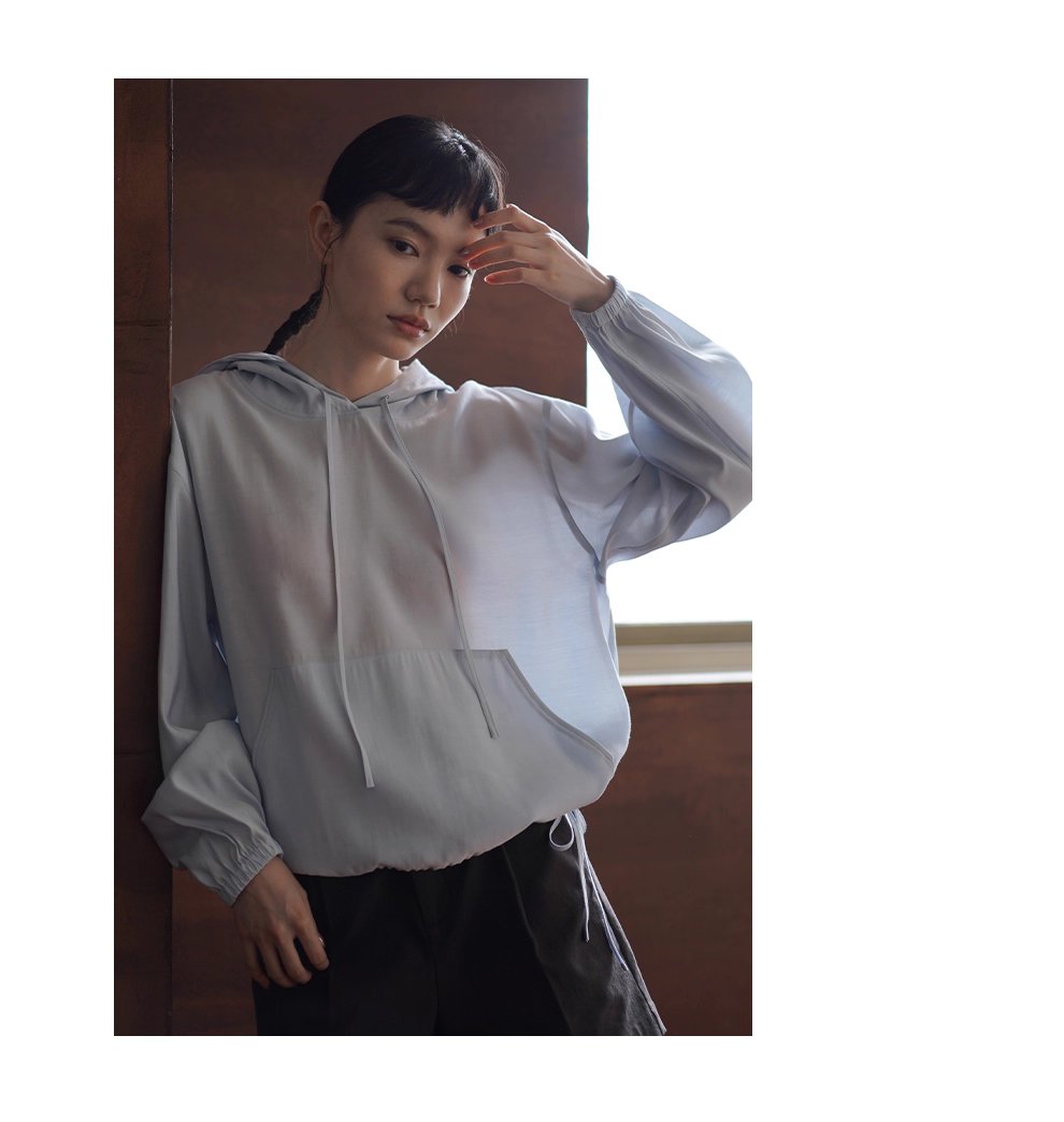 潤石晶藍清涼透氣連帽寬鬆顯瘦長袖休閒襯衫薄上衣女