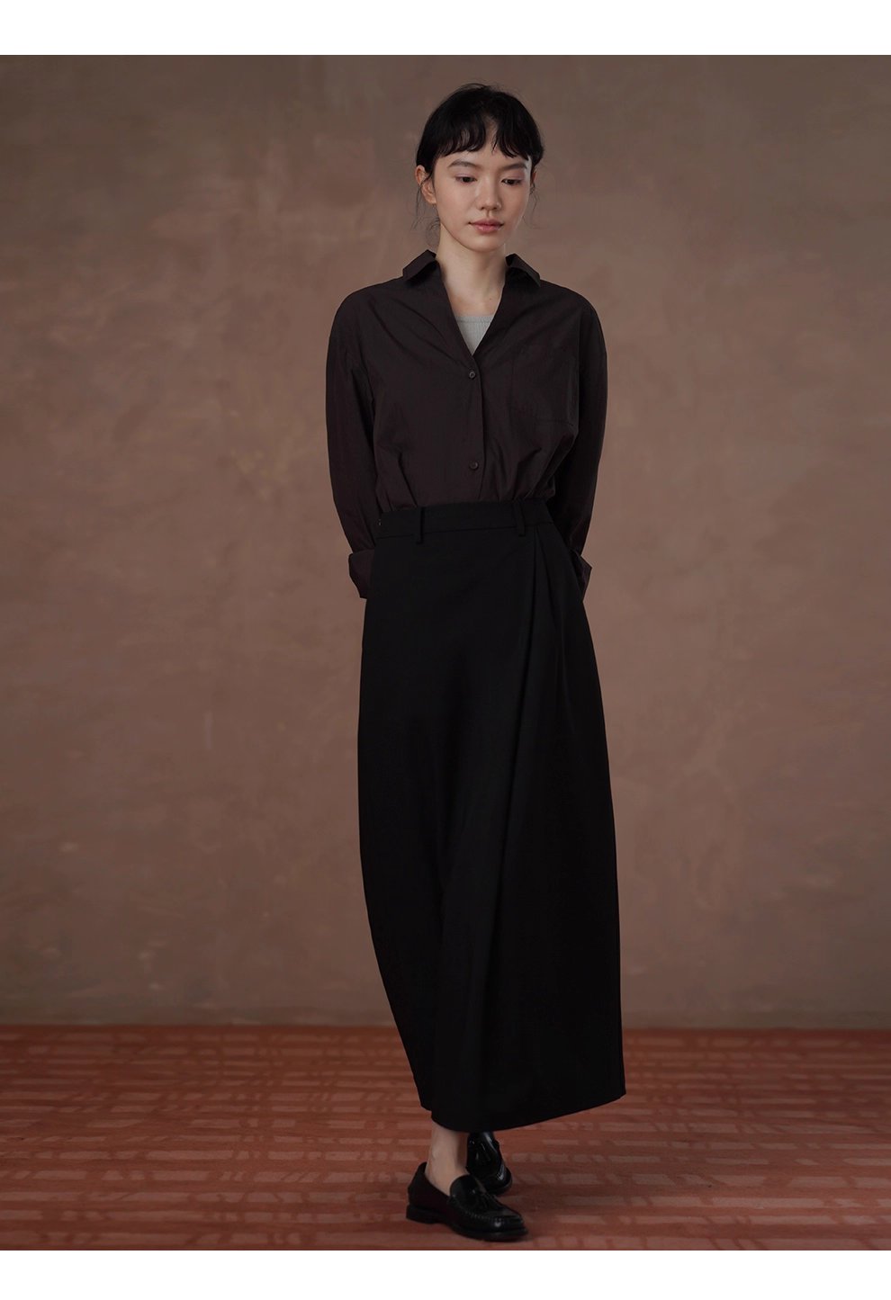 知識分子高智感襯衫濃鬱古巴咖寬鬆顯瘦V領廓形通勤上衣