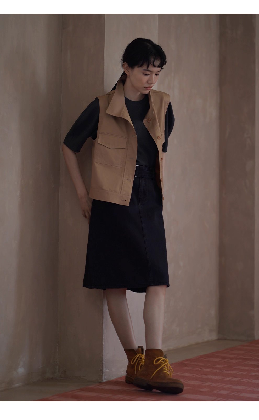 楓葉長椅馬甲顯瘦挺括親膚萊賽爾棉立領工裝疊穿外套女