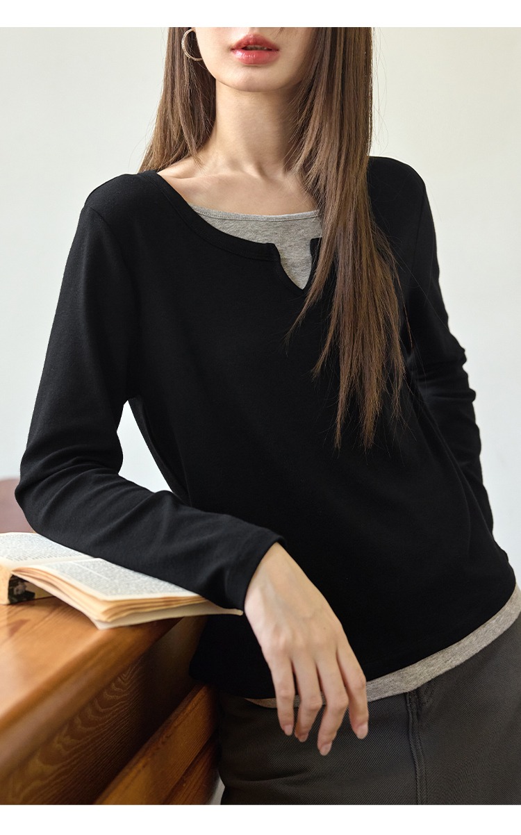 黑色正肩長袖t桖女秋季假兩件上衣