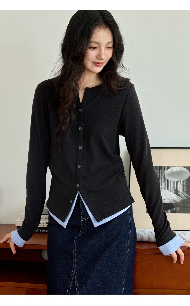 大尺碼胖mm正肩假兩件t恤女內搭打底衫秋季長袖上衣