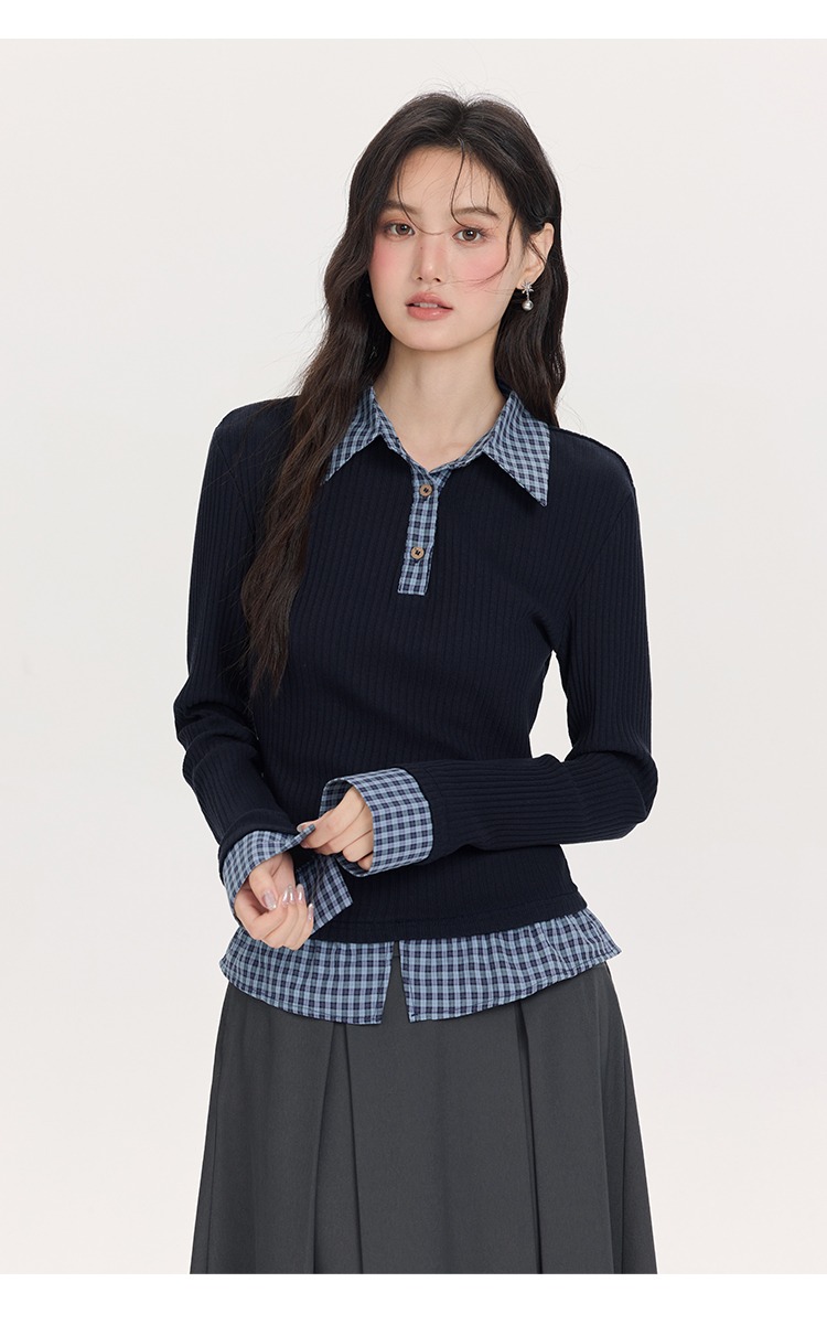 大尺碼拼接格紋襯衫假兩件針織衫polo領上衣