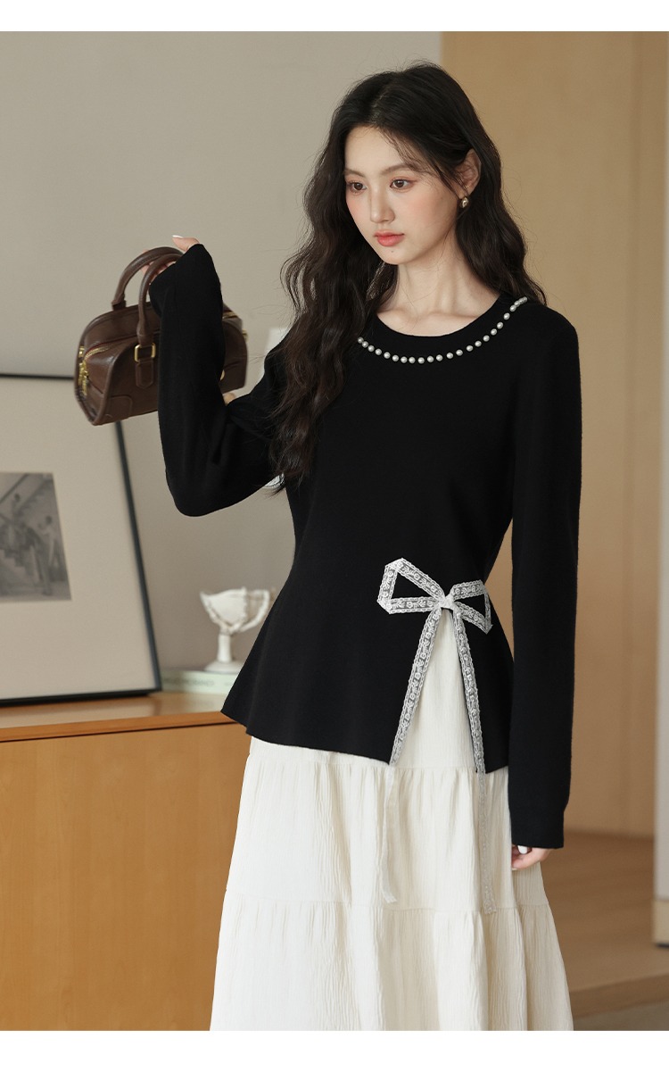 大尺碼釘珠針織衫胖mm上衣搭蕾絲拼接針織毛衣