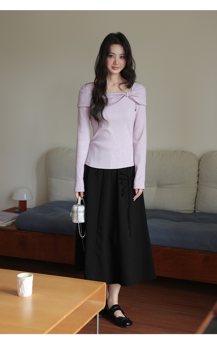 大尺碼氣質穿搭方領針織衫新款內搭打底衫秋季紫色上衣