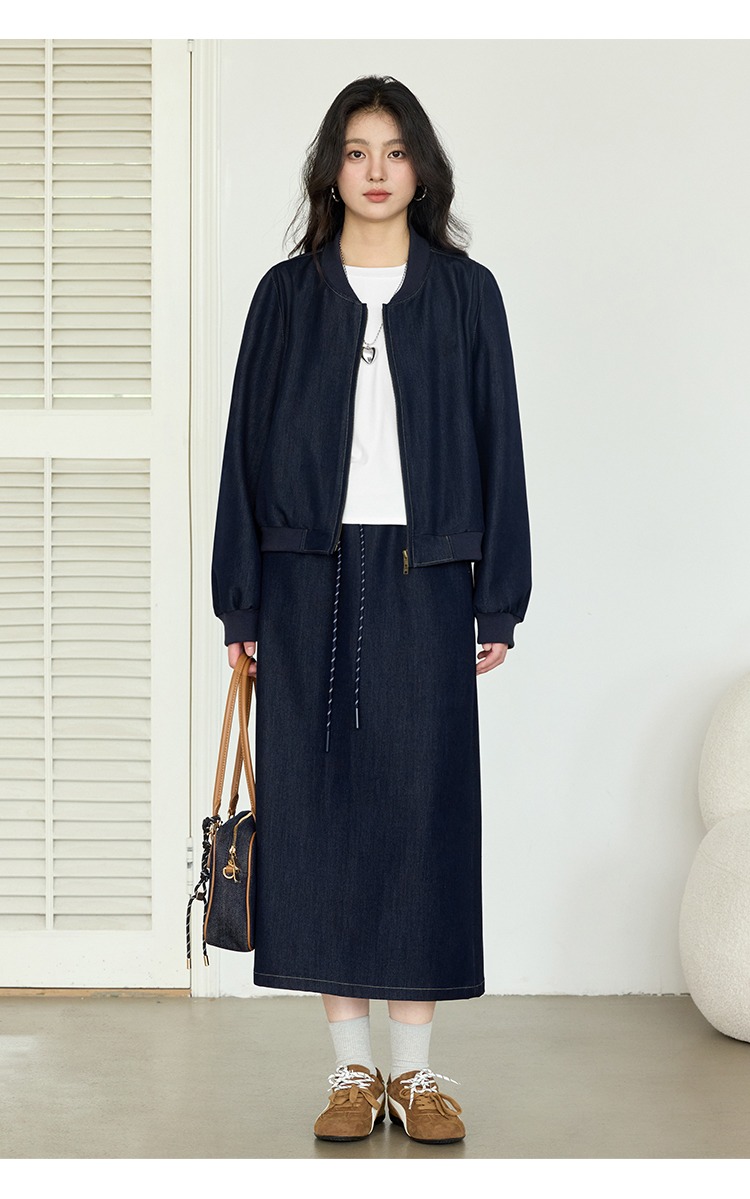 大尺碼棒球外套女半身長裙兩件套天絲牛仔套裝