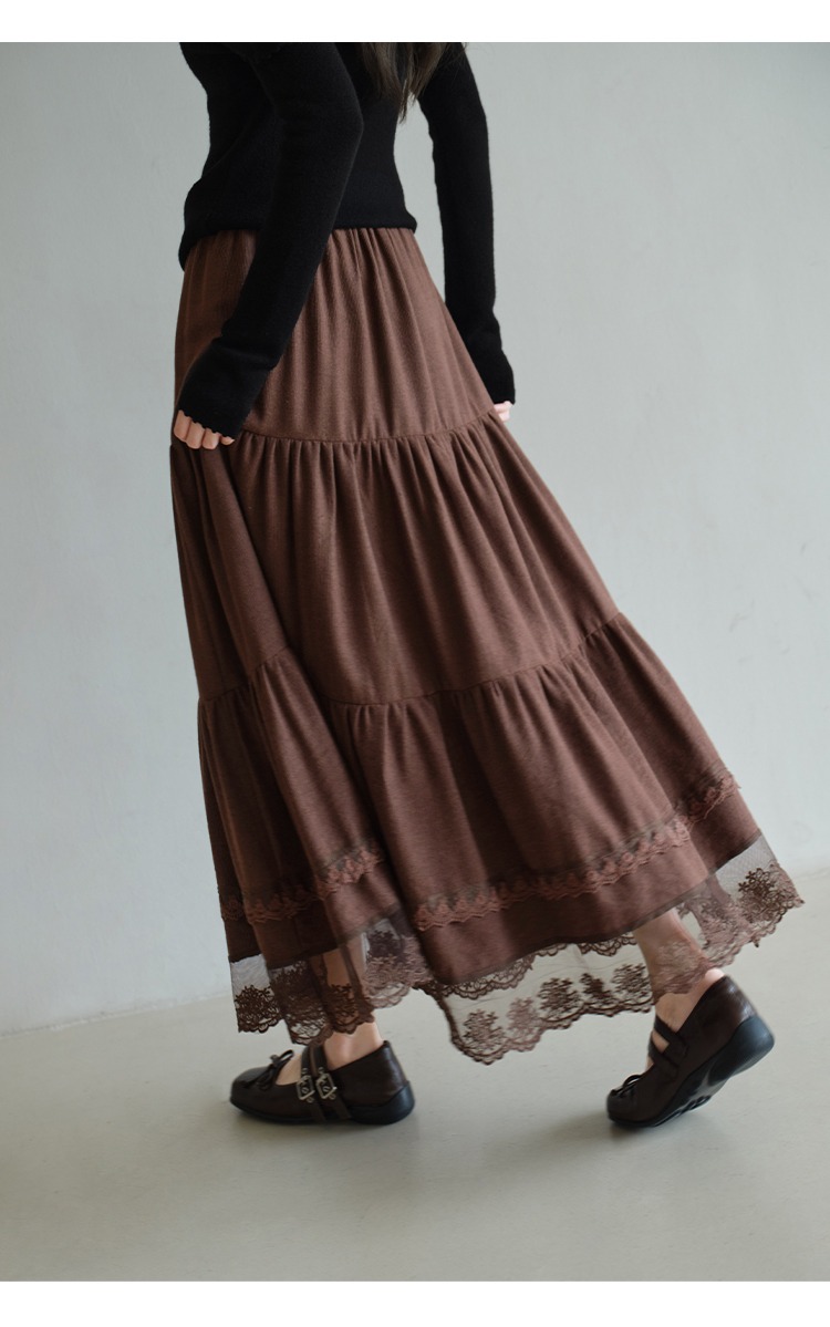 大尺碼蕾絲拼接A字半身裙蛋糕裙棕色裙子