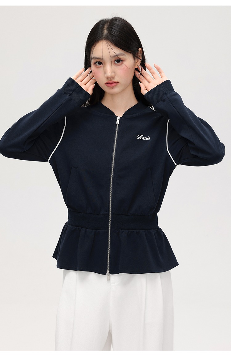 大尺碼收腰衛衣外套女拉鍊開襟衫荷葉邊上衣外套