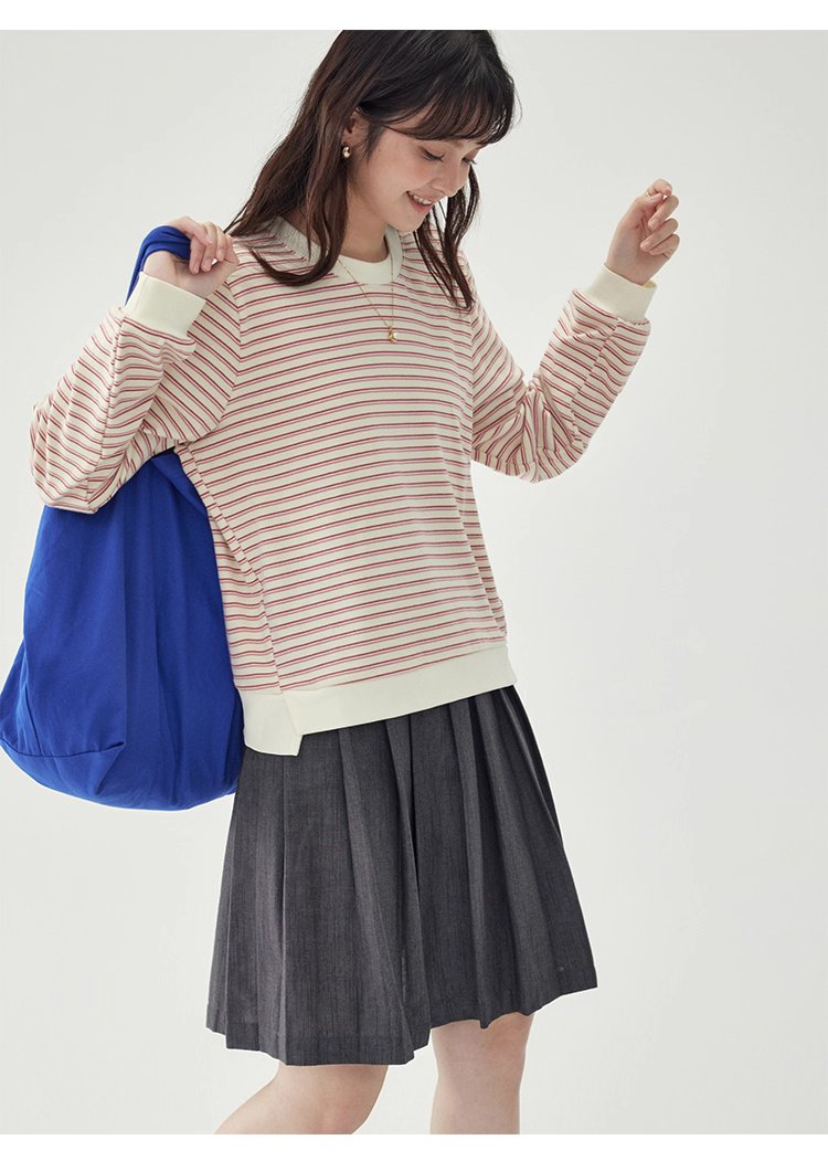 條紋不規則下擺衛衣T恤女秋季新款圓領長袖上衣