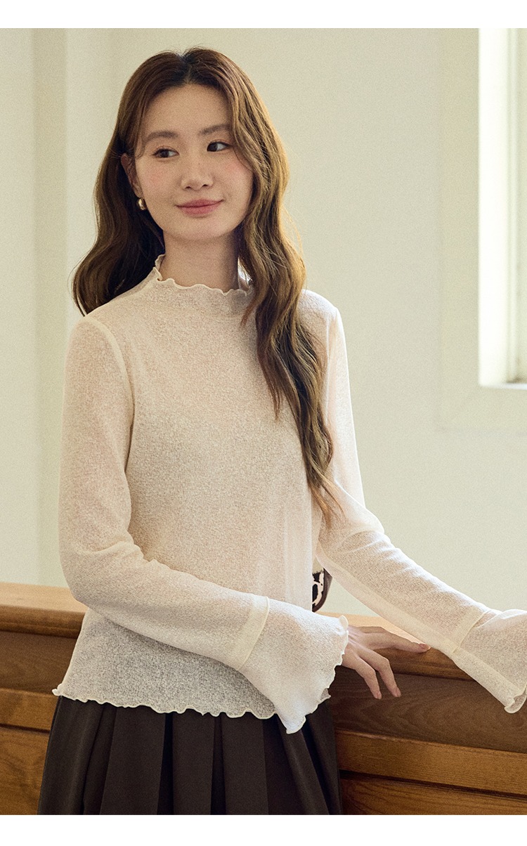 大尺碼薄款半高領木耳邊打底上衣秋裝上衣