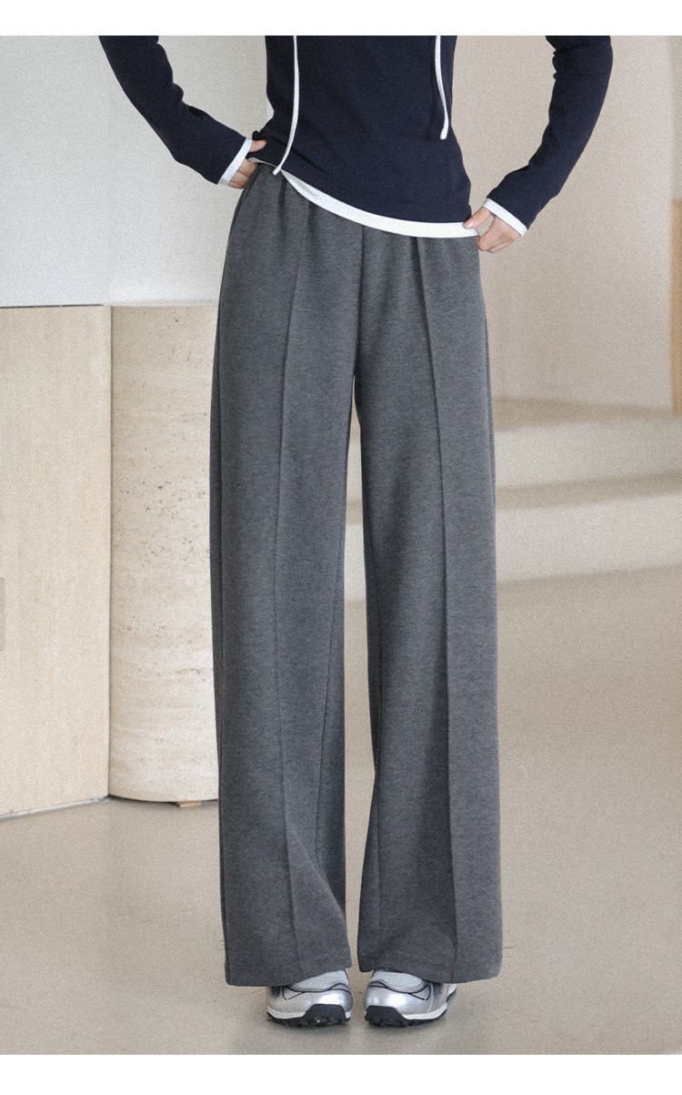 大尺碼鬆緊腰直筒闊腿褲女秋灰色休閒褲子