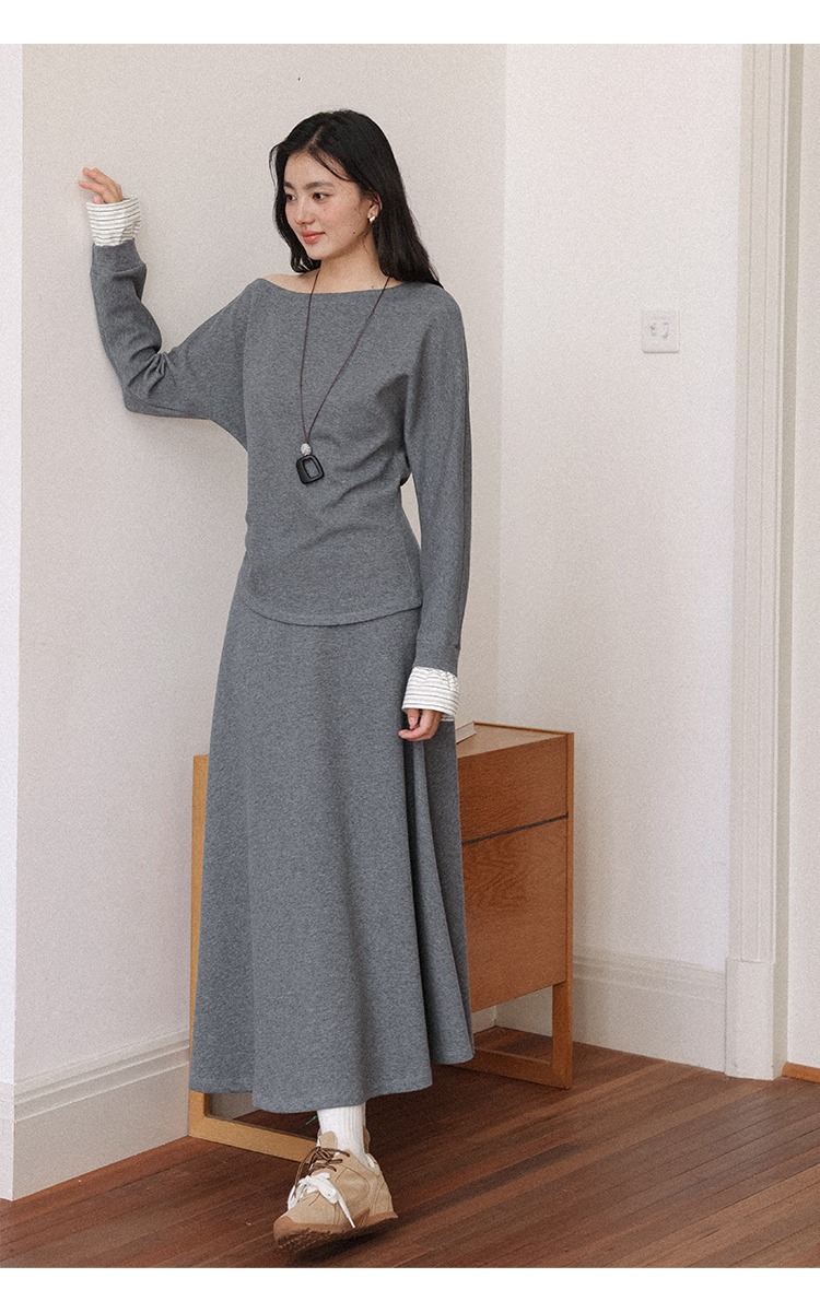 中大尺碼斜肩長袖上衣半身裙兩件套裝