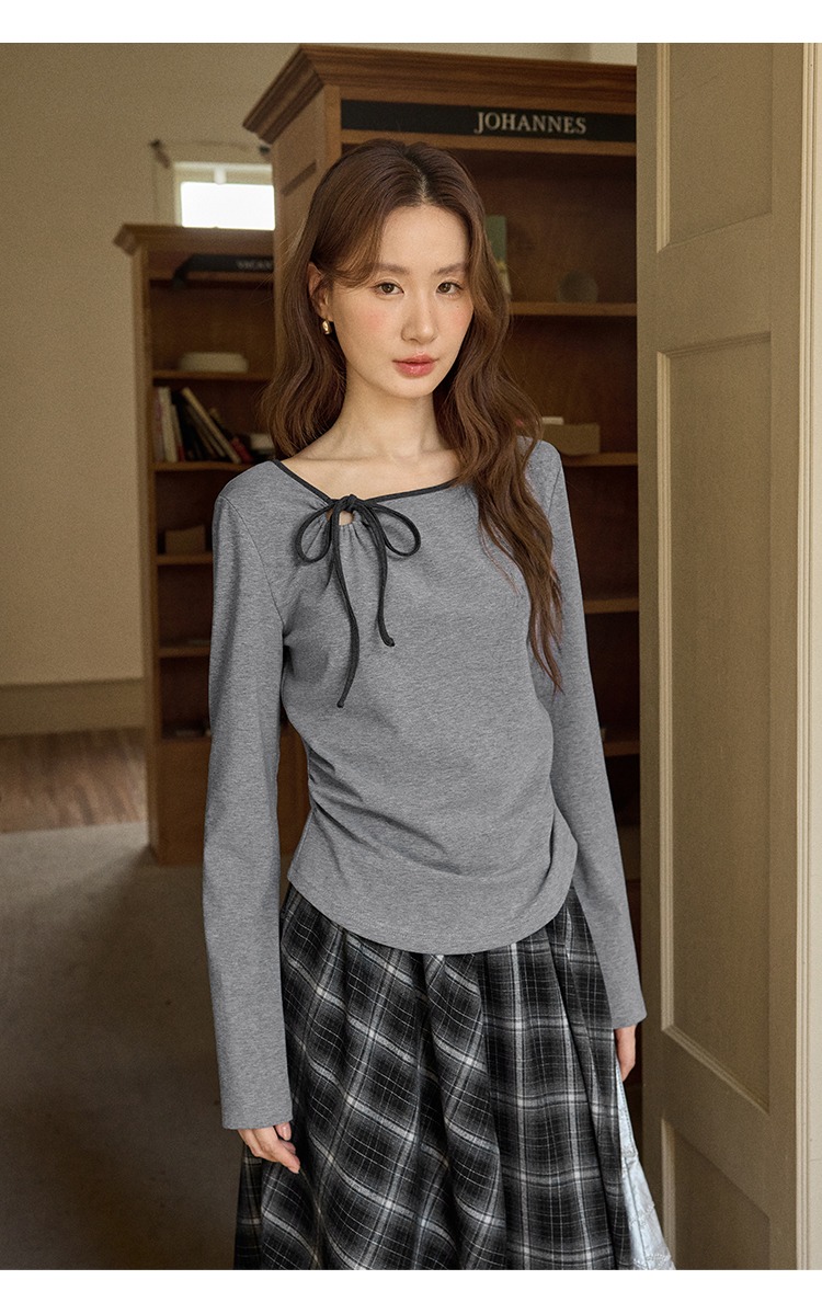 大尺碼鏤空蝴蝶結灰色長袖T恤女裝收腰上衣