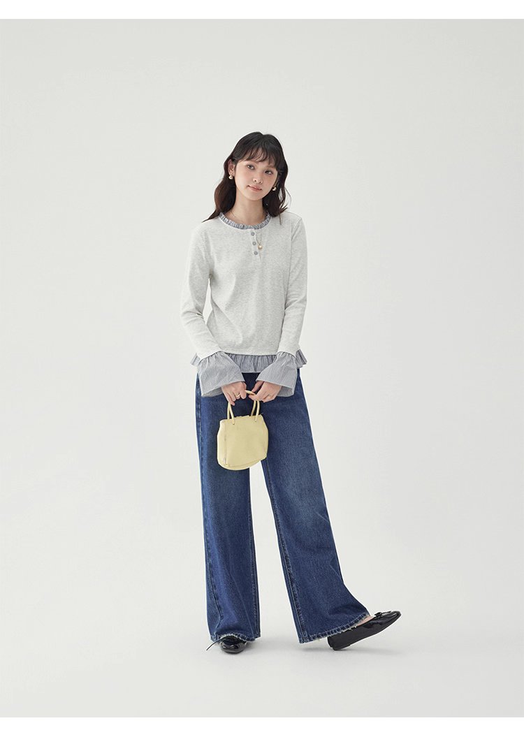 撞色拼接襯衫喇叭袖t卹女秋季新款寬鬆長袖上衣