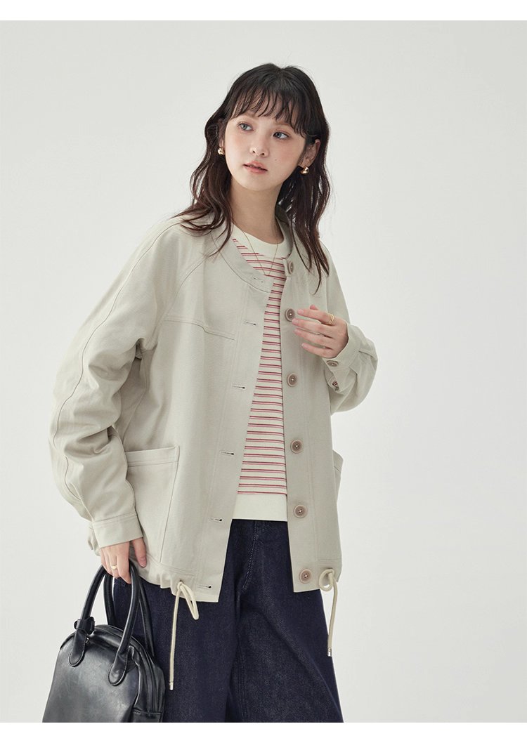 純色單排扣抽繩下擺外套女秋季新款圓領長袖上衣