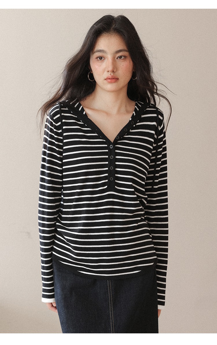 大尺碼胖mm條紋針織衫秋季寬鬆連帽上衣