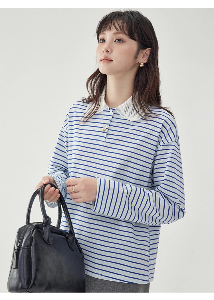 拼接翻領藍條紋長袖T恤女秋季新款寬鬆純棉上衣