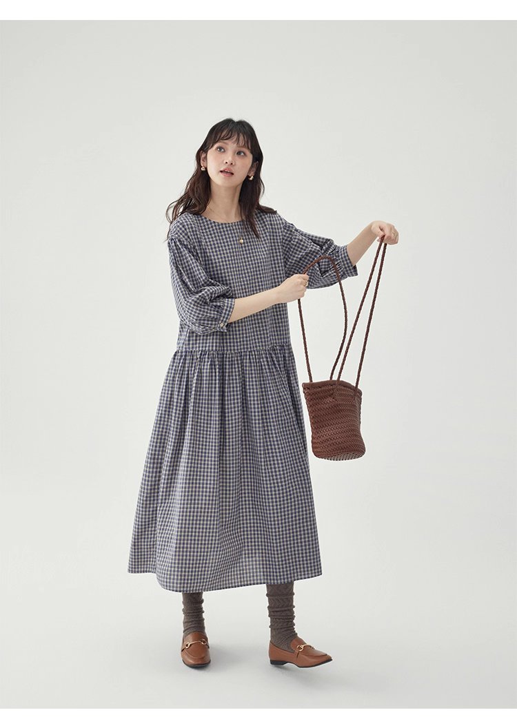 日系格紋燈籠袖洋裝女秋季新款寬鬆純棉a字裙