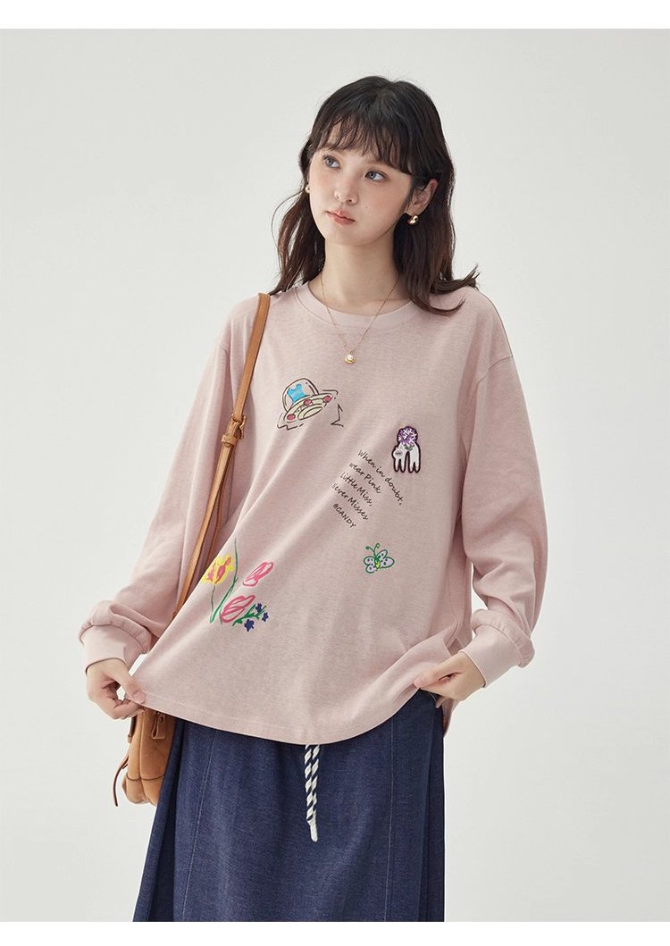 減齡印花落肩長袖粉紅T恤女秋新款寬鬆百搭上衣